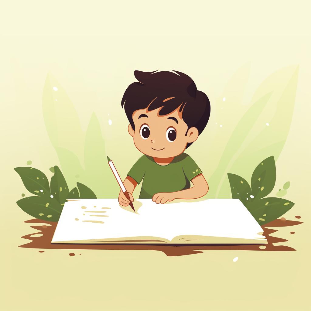 Child writing on a paper leaf.